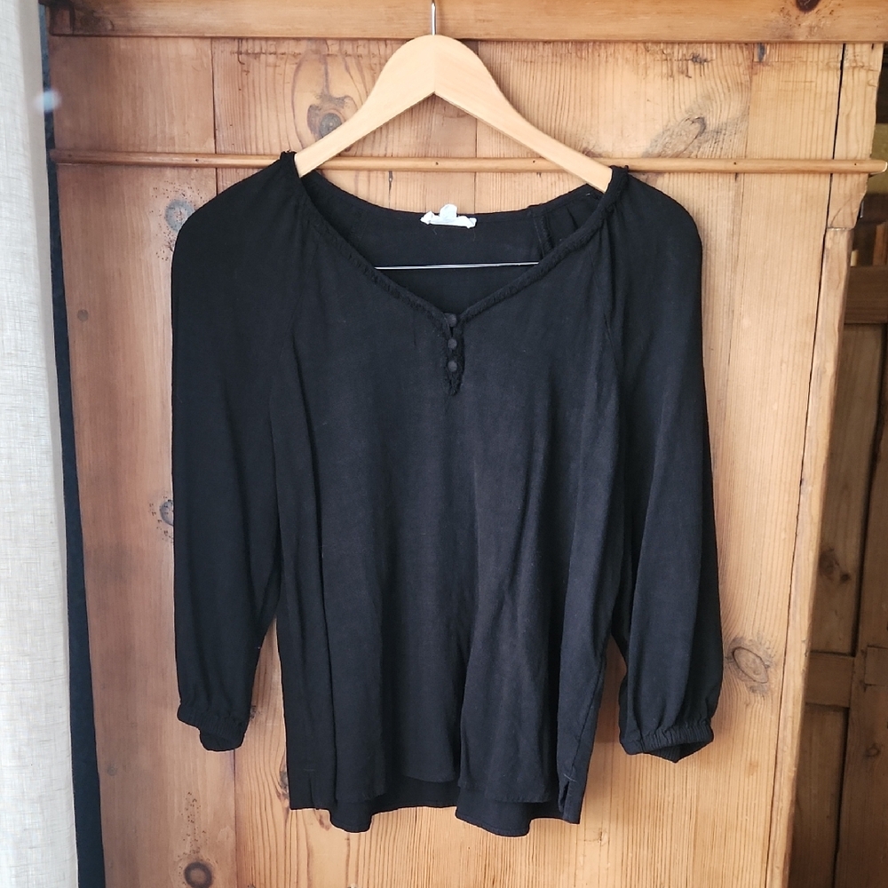 Westbound Linen Black Blouse with Button Detail